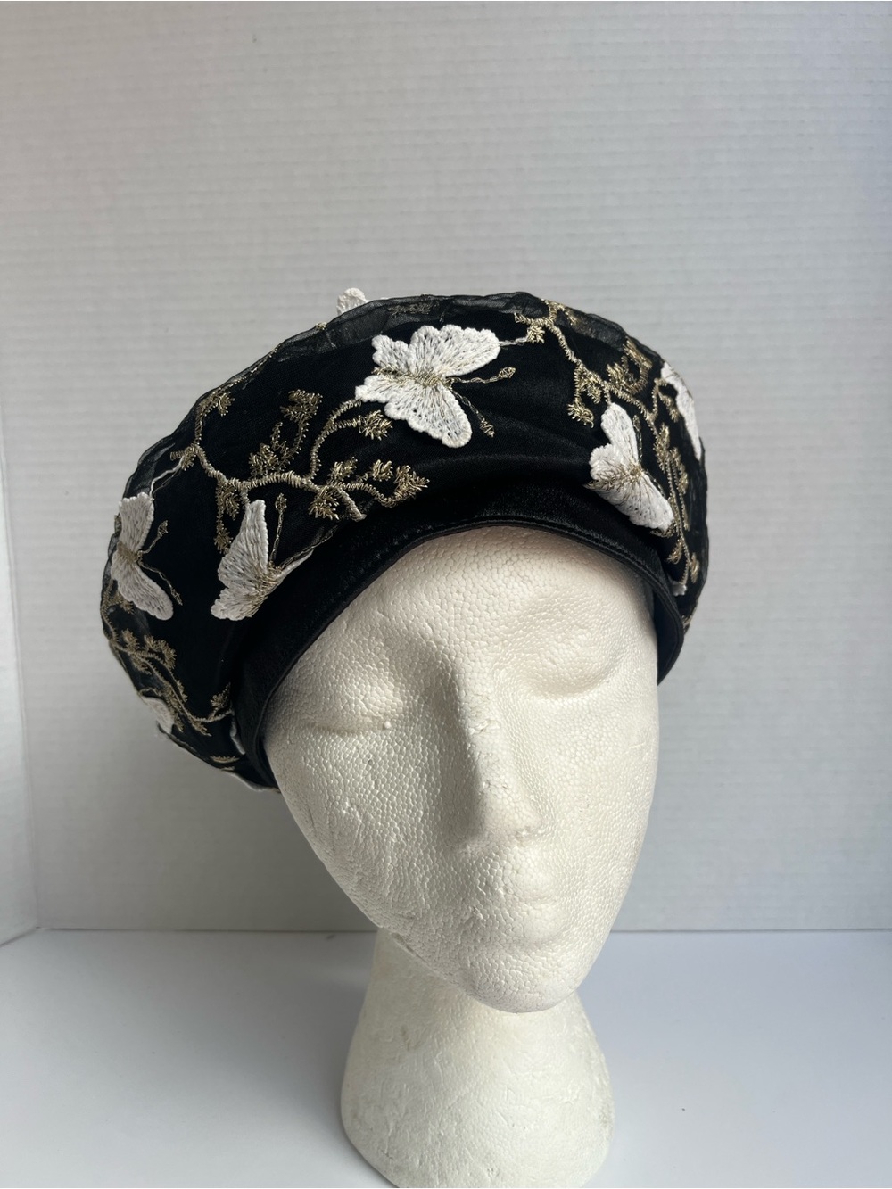Black Beret with White & Gold Floral Embroidery